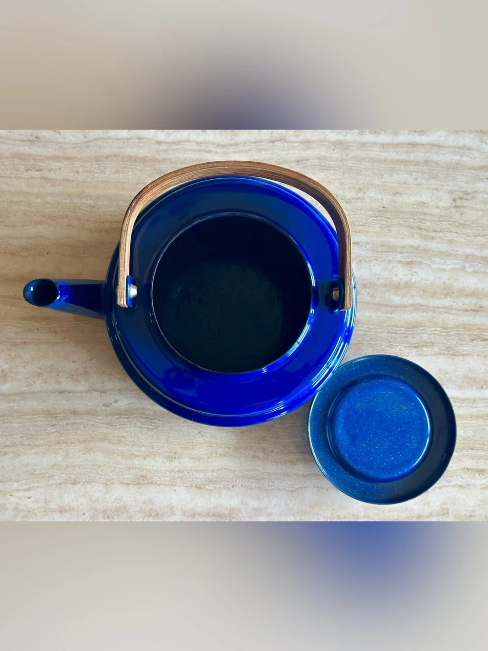 Cobalt Blue Tea Kettle with Teak handle and lid top. Danish Style Pre-owned